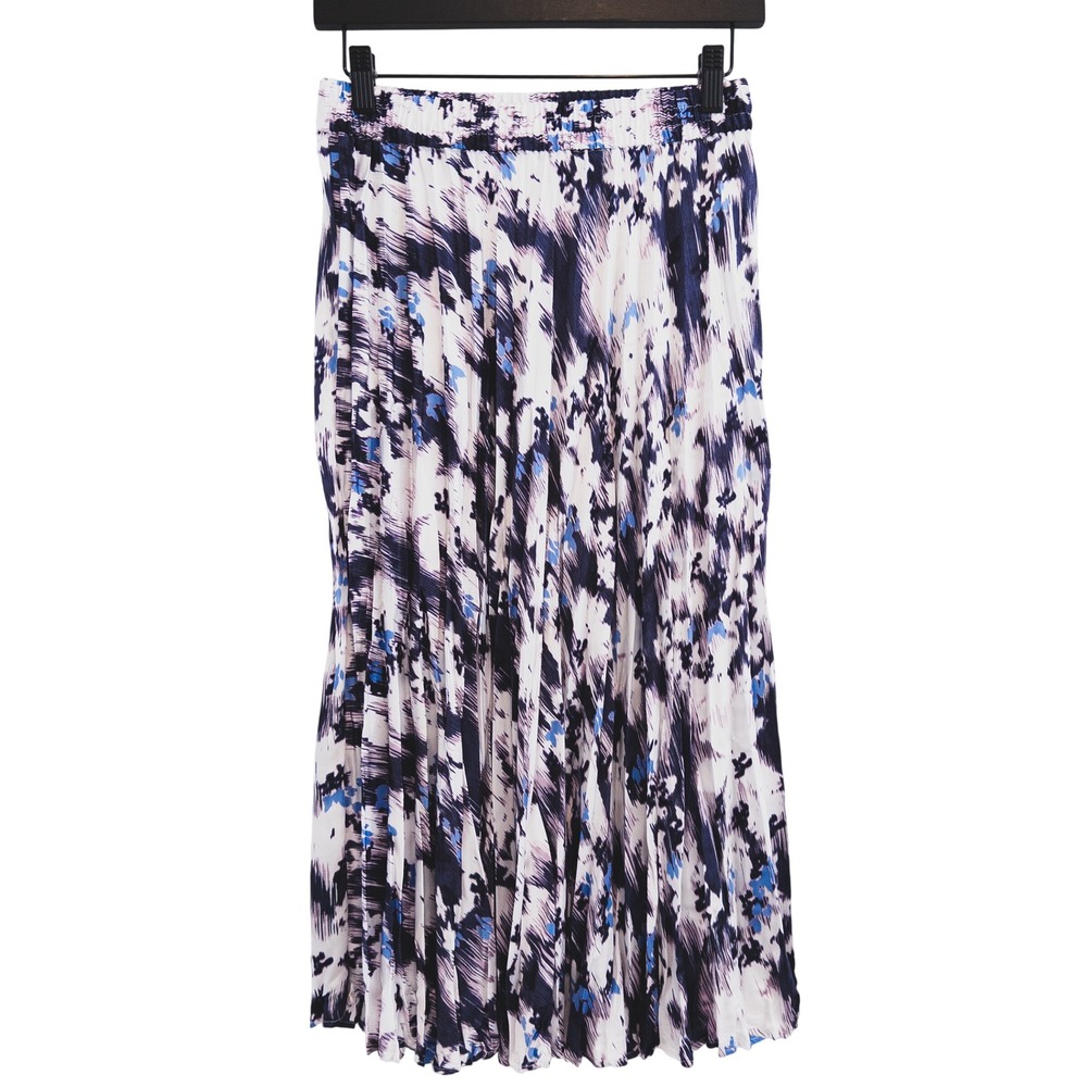 Time and Tru Pleated Skirt Women S‎ White Blue Abstract Elastic Waist Midi